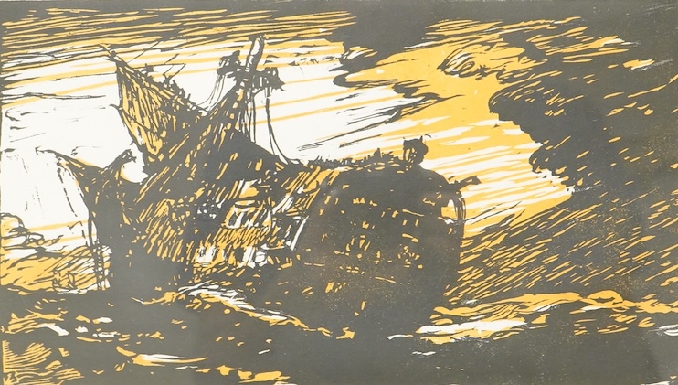 Frank Brangwyn RA RWS RBA (Welsh, 1867-1956) and George H. Webb, ‘The Wreck’, signed in pencil by both artists, colour lithograph, 21 x 34cm